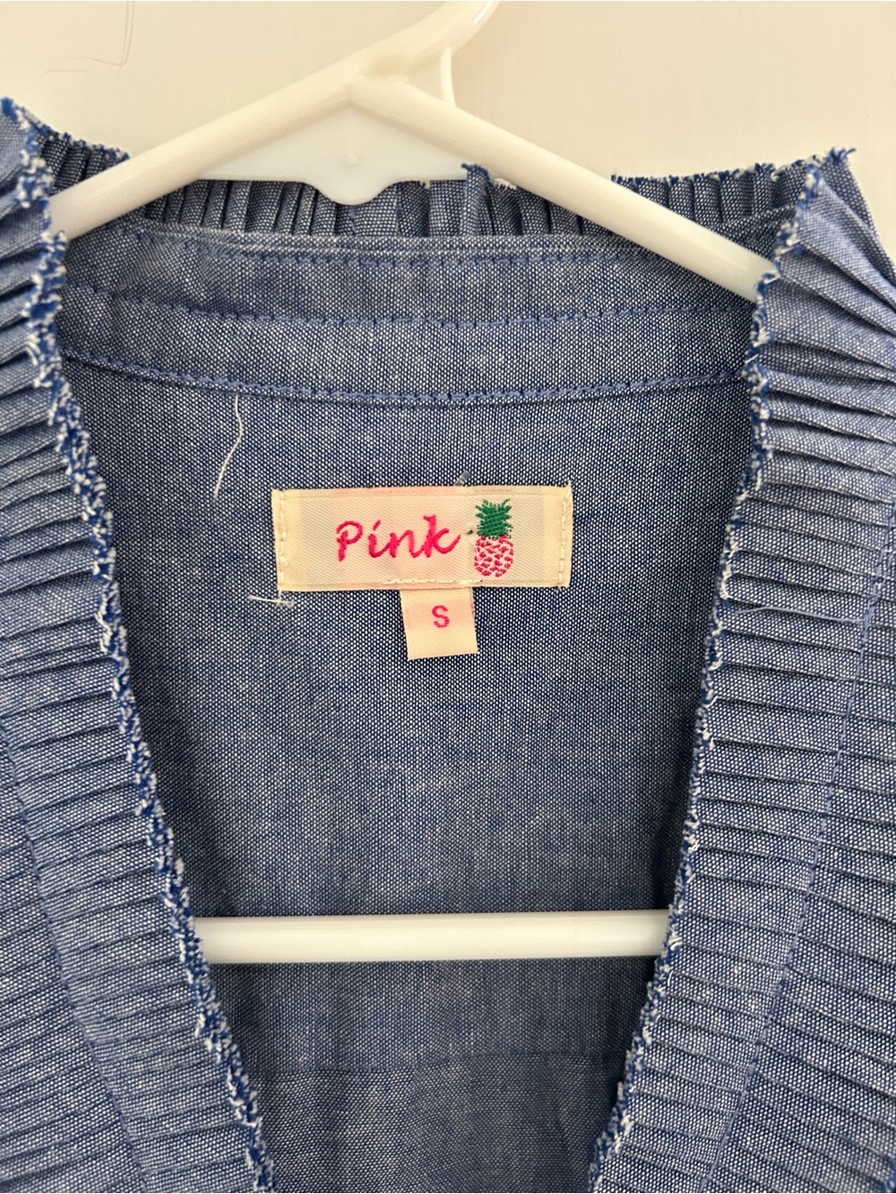Blue Chambray Ruffled Collar Button-Front Blouse - Picture 3 of 7